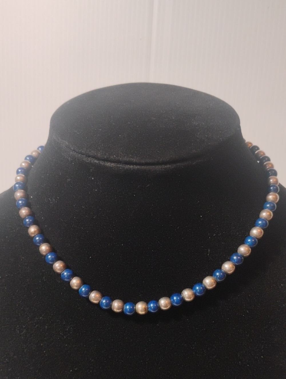 925 Native American Sterling Silver And Lapis Beaded Ball Necklace 16"